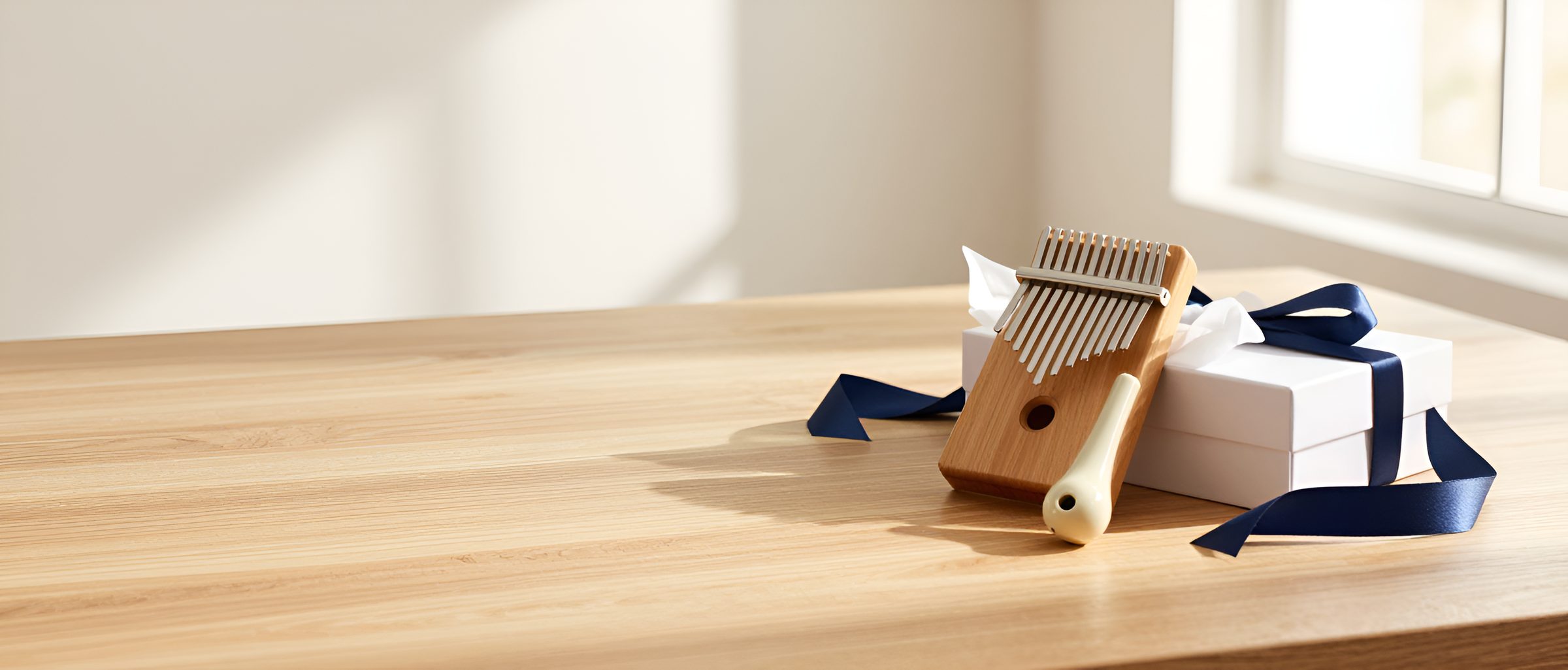 A kalimba, a ceramic ocarina and an open gift box on a sunlit oak table