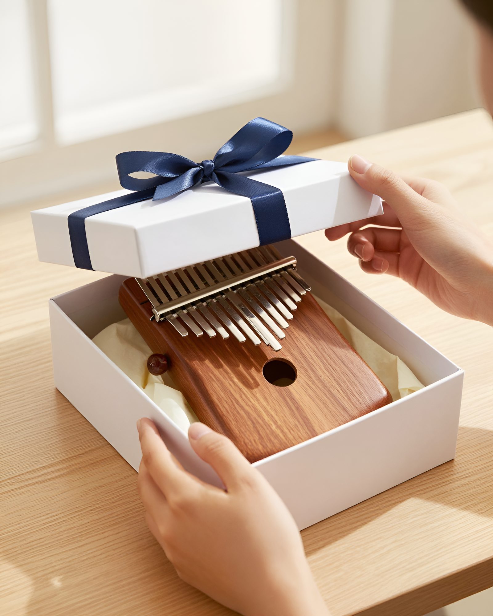 Hands lifting the lid off a gift box with a wooden kalimba inside