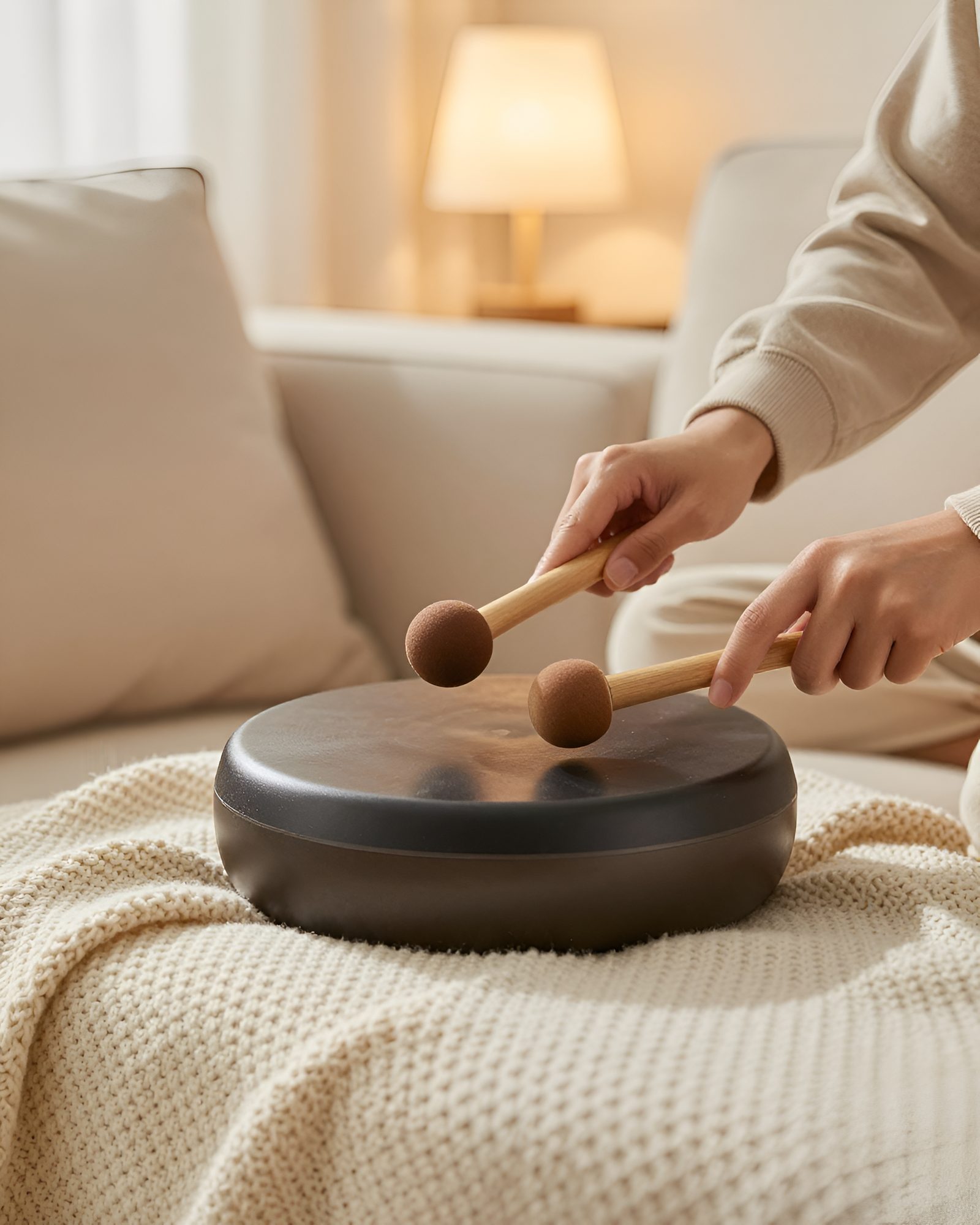 Hands playing a steel tongue drum with mallets in a cozy living room